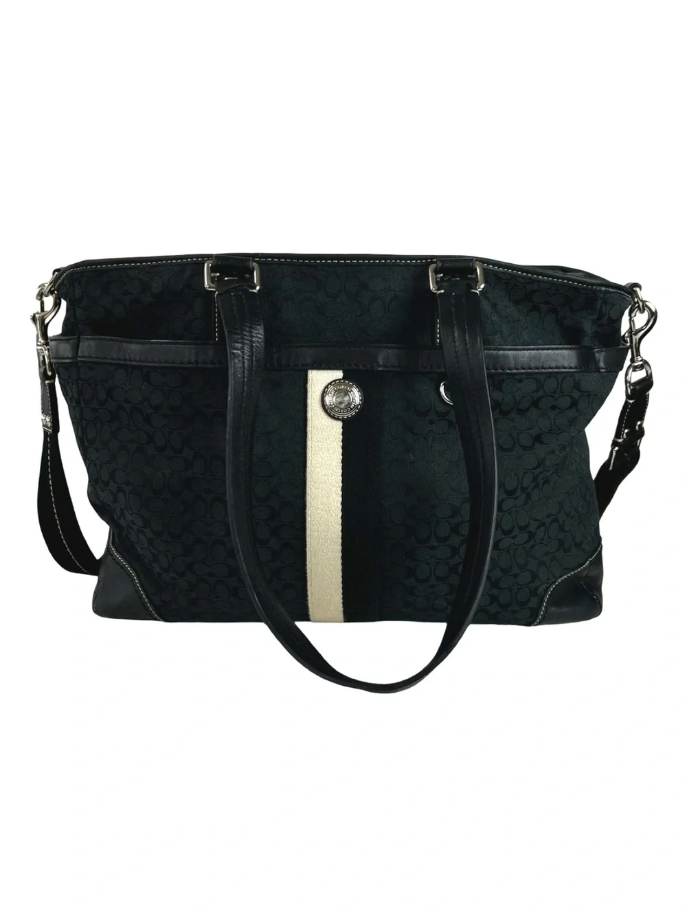 Coach Signature Stripe Multifunction Diaper Tote Bag Black Canvas Blue Interior